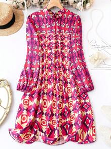 SHEIN Clasi 大碼滿版印花燈籠袖洋裝 - 玫紅色 - 查看 1