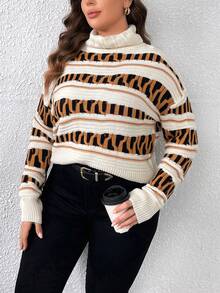 Celure 大碼條紋圖案&幾何圖案高領落肩袖套頭毛衣 - 彩色 - 查看 4