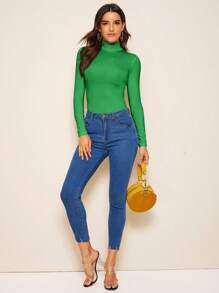 SHEIN Essnce Solid High Neck Slim Fit Tee - Green - View 4