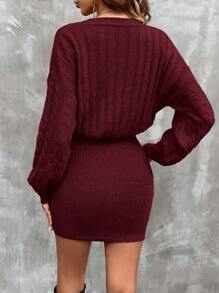 SHEIN Clasi Cable Knit Drop Shoulder Button Through Bodycon Sweater Dress - Burgundy - View 2