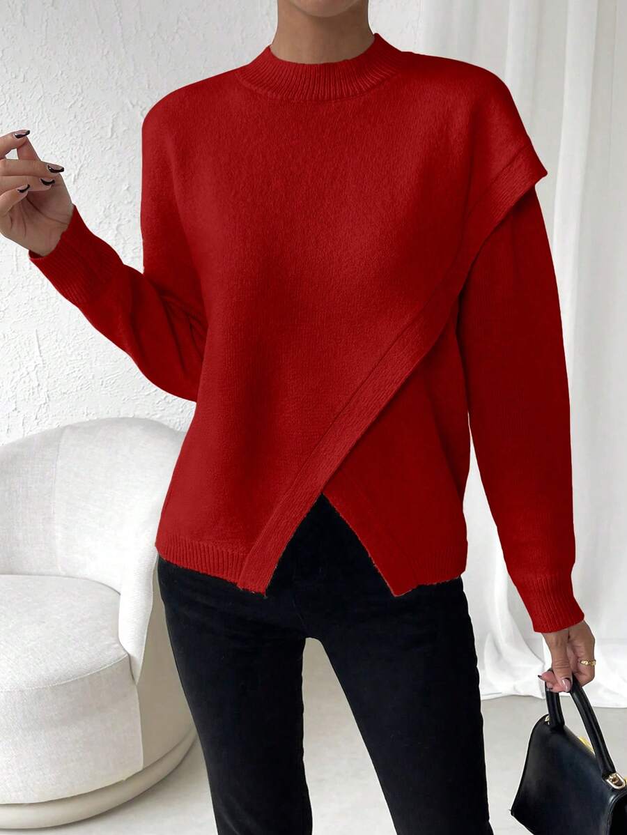 SHEIN LUNE Solid Drop Shoulder Wrap Cross Asymmetrical Hem Sweater - Red - View 1