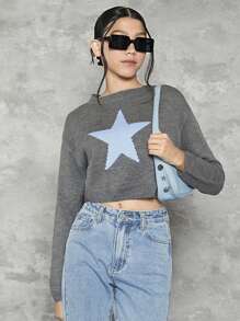 Teen Girl Star Pattern Drop Shoulder Crop Sweater - Multicolor - View 1
