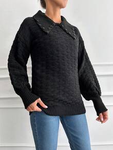 EURMUSE Pearls Beaded Lantern Sleeve Sweater - Black - View 5
