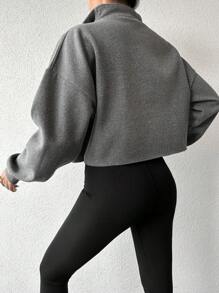 Cottnline Áo nỉ kéo khóa nửa vai màu trơn cho nữ - Màu xám đen - Xem 2