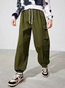SHEIN Teen Boy Flap Pocket Side Drawstring Waist Cargo Pants - Army Green - View 5
