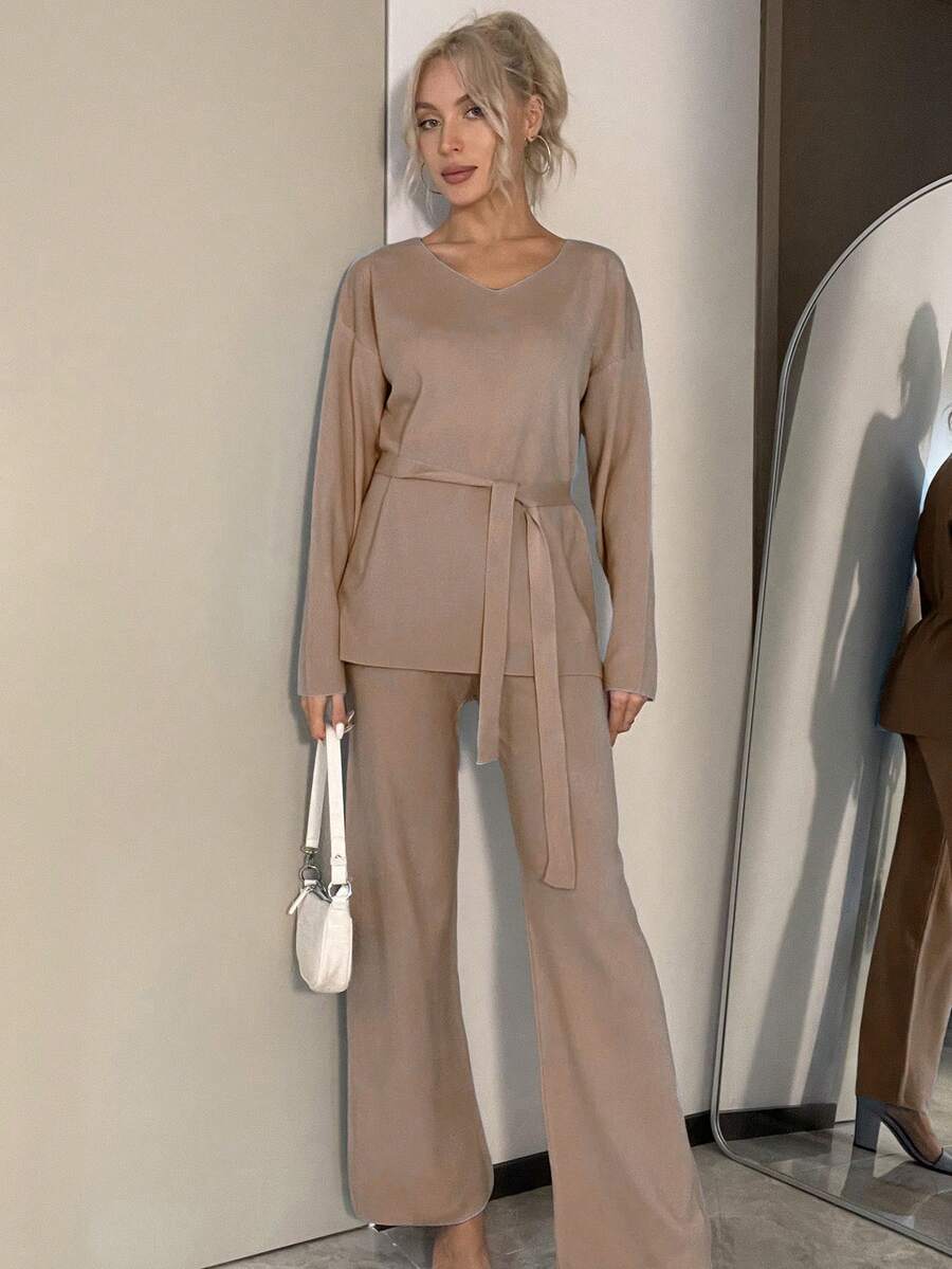 Drop Shoulder Belted Sweater & Knit Pants - Camel - View 1
