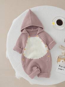 Baby Girl Waffle Knit Raglan Sleeve Hooded Jumpsuit - Pink - View 1