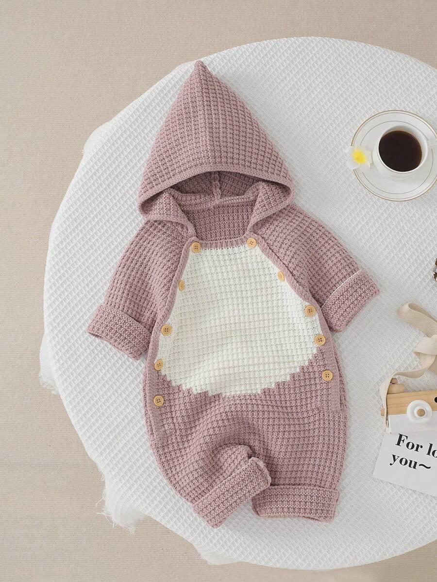 Baby Girl Waffle Knit Raglan Sleeve Hooded Jumpsuit - Pink - View 1