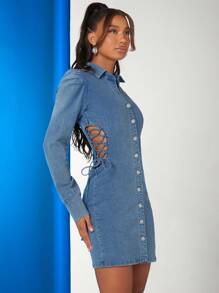 Denimoi Lace Up Cut Out Puff Sleeve Bodycon Denim Dress - Blue - View 4