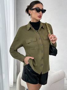 SHEIN Essnce Flap Pocket Drop Shoulder Coat - Army Green - View 5