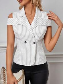 SHEIN Privé Striped Print Cold Shoulder Blazer - Black and White - View 5