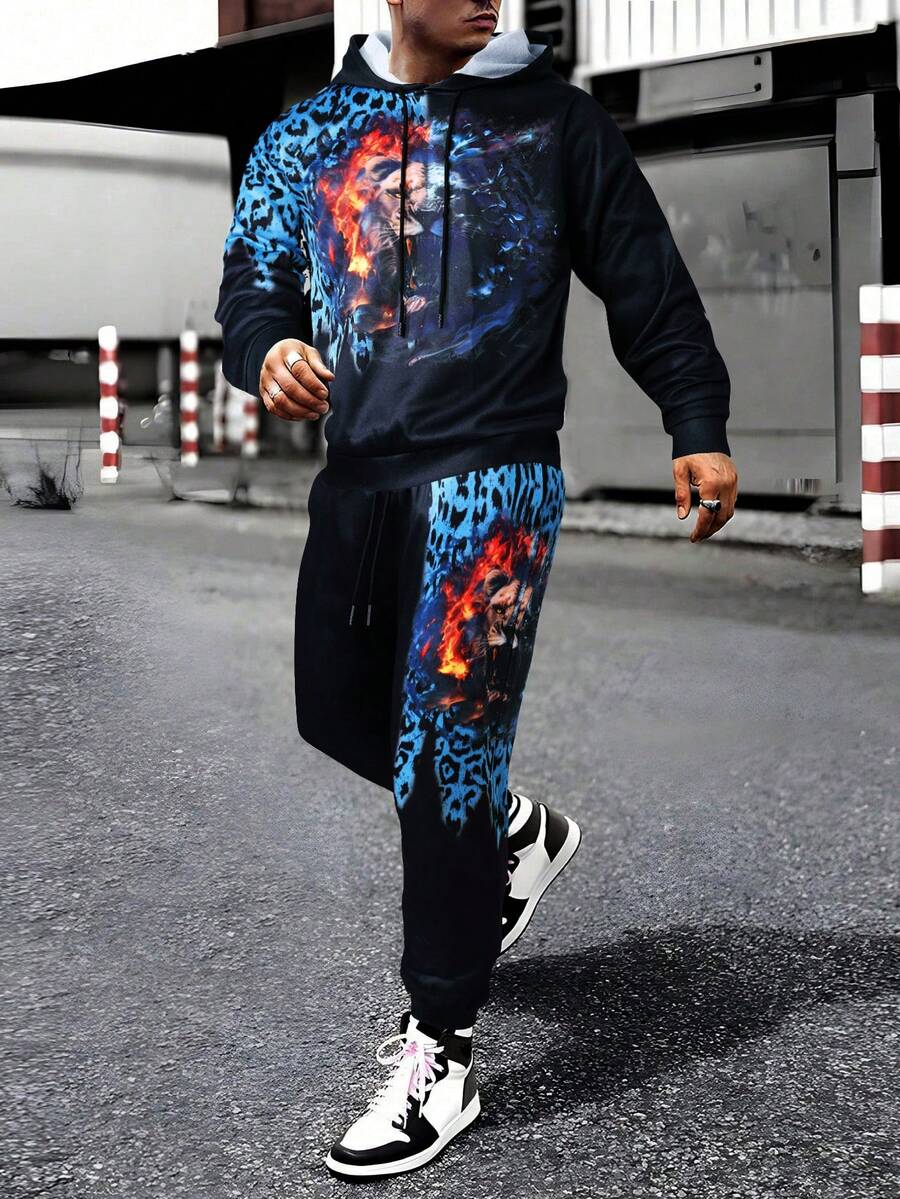 Manfinity LEGND Nam Đồ họa sư tử in hoa Dây rút Áo Hoodie & Quần thể thao - Nhiều màu - Xem 1