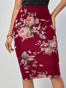 SHEIN Clasi 印花鉛筆裙 - 酒紅色 - 查看 6