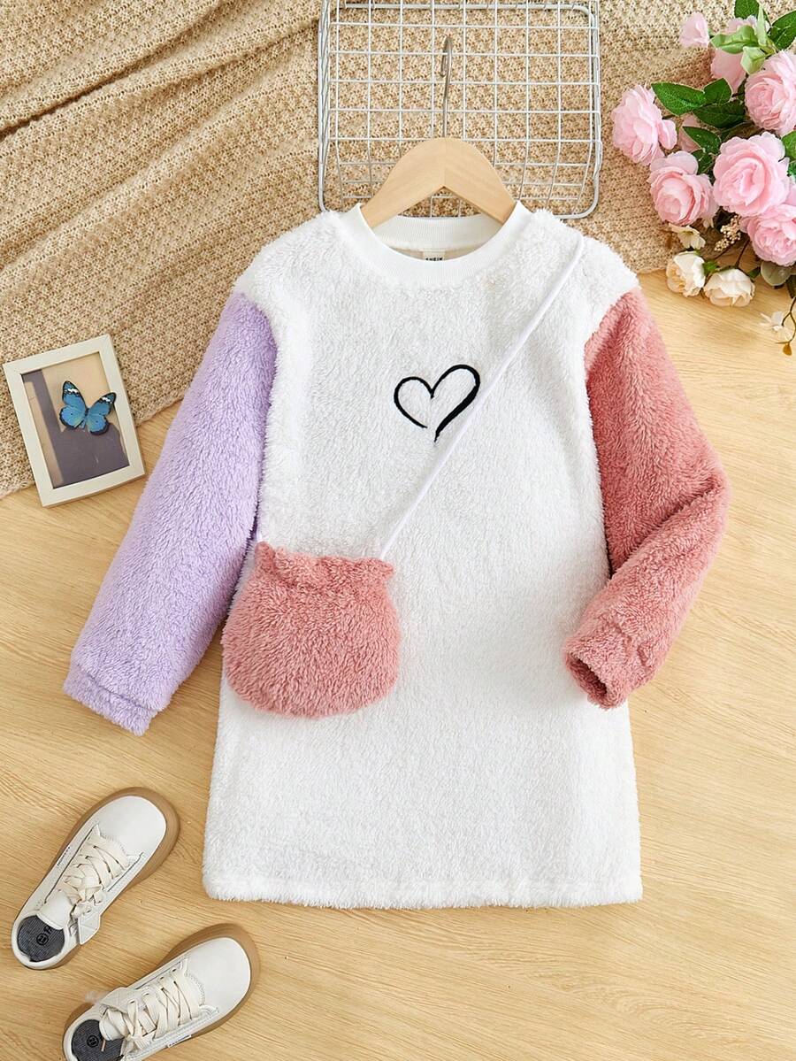 SHEIN 女大童愛心刺繡撞色絨毛洋裝附包 - 彩色 - 查看 1