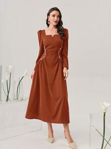 Modelyn Vestido formal de noche largo con escote corazón, mangas abullonadas y fruncido delantero - Marrón - Ver 3