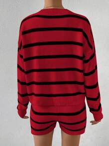 SHEIN Essnce Striped Pattern Drop Shoulder Sweater & Drawstring Waist Knit Shorts - Multicolor - View 2