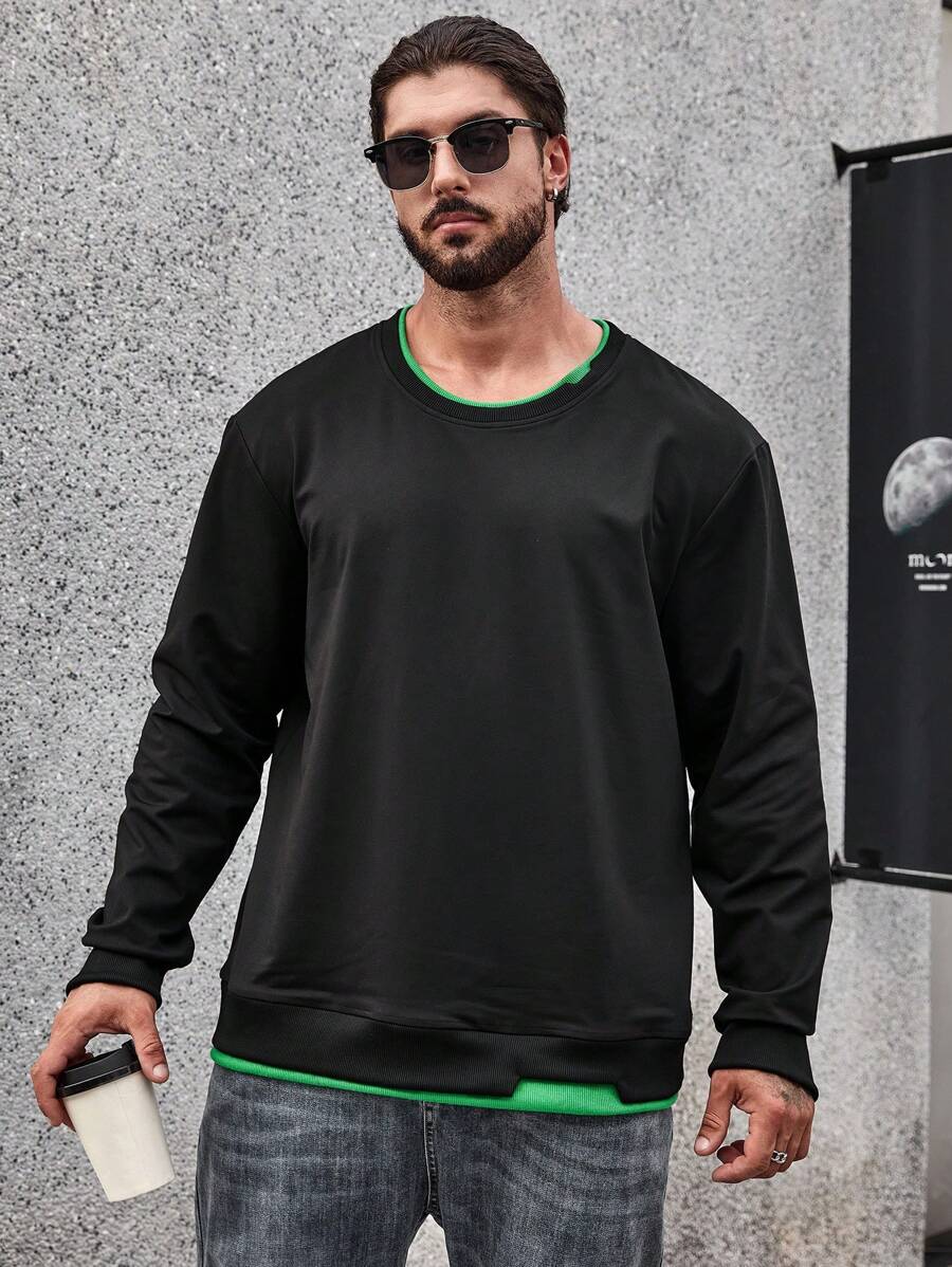 Manfinity Homme Men Plus Contrast Trim Thermal Lined Sweatshirt - Black - View 1