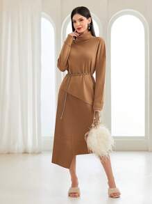 Seusyu Turtleneck Drop Shoulder Sweater & Asymmetrical Hem Knit Skirt Without Belt - Coklat - View 1