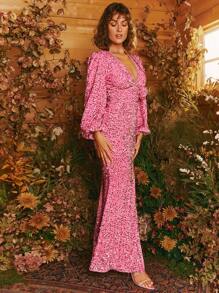 Melci Studio Cổ Lao Tay áo lồng đèn Tách đùi Kim sa Đầm - Hồng - Xem 8