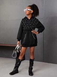 女大童珍珠串珠落肩袖連帽衛衣裙 - 黑色 - 查看 6