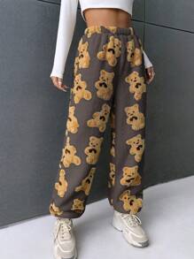 SHEIN EZwear Bear Pattern Teddy Pants - Brown - View 5