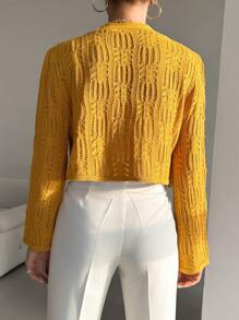 EURMUSE Solid Button Front Pointelle Knit Crop Cardigan - Mustard Yellow - View 2