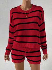 SHEIN Essnce Striped Pattern Drop Shoulder Sweater & Drawstring Waist Knit Shorts - Multicolor - View 4