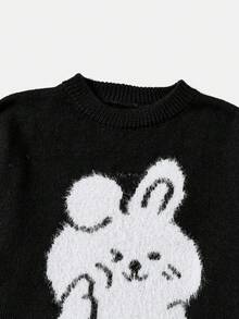 SHEIN Qutie 大碼兔子圖案落肩袖套頭毛衣 - 黑與白 - 查看 4