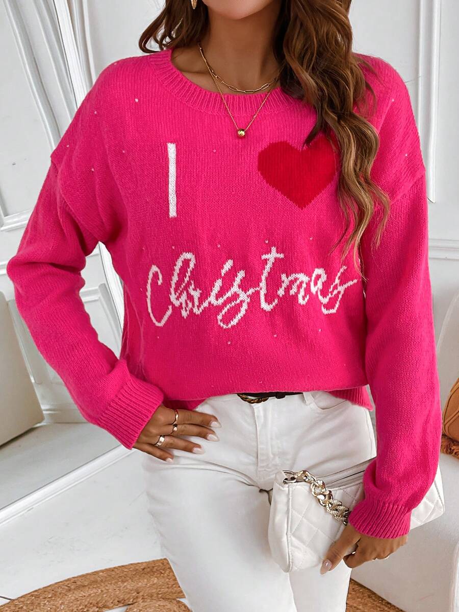 Chiquease Heart & Christmas Pattern Drop Shoulder Knit Pullover Fall Winter Sweater - Hot Pink - View 1