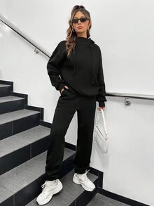 SHEIN EZwear Drop Shoulder Drawstring Hoodie & Sweatpants - Black - View 4