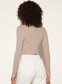 SHEIN BASICS Solid Scoop Neck Asymmetrical Hem Crop Sweater - Apricot - View 3