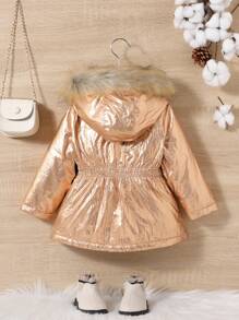 SHEIN Baby Girl Fuzzy Trim Hooded Padded Coat - Khaki - View 2