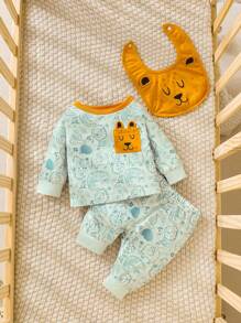 Baby Boy Cartoon Graphic PJ Set & Bib - Multicolor - View 1