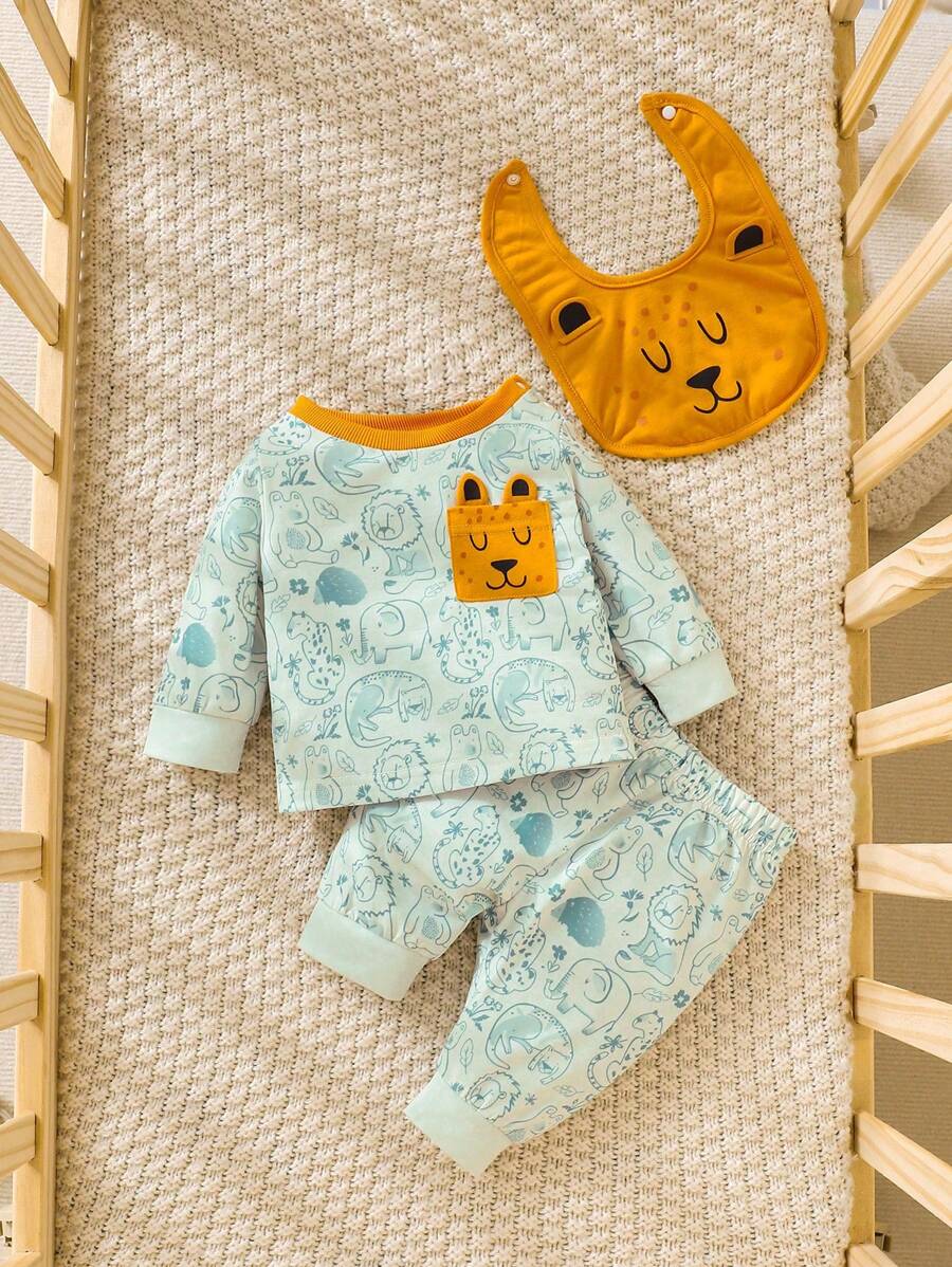 Baby Boy Cartoon Graphic PJ Set & Bib - Multicolor - View 1