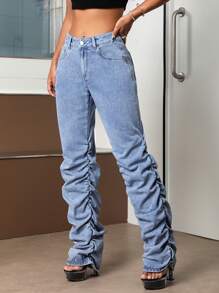 SHEIN ICON Solid Ruched Stacked Jeans