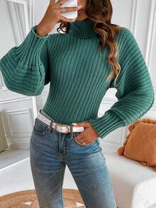 Chiquease Áo cao cổ tay cánh Đồ đan Ribbed Áo len - màu xanh lá - Xem 6