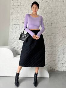 SHEINNeu Dual Pocket Drawstring Waist Quilted Skirt - Black - View 5