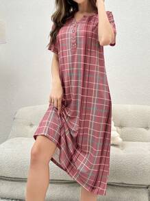 Plaid Print Half Button Pajama Nightdress Long Dress, Moo Moo Sleep Dress - Rose Red - View 4