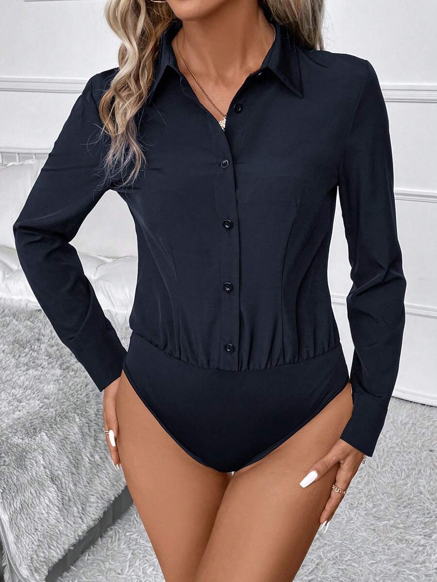 SHEIN Clasi 素色前紐扣襯衫連體衣 - 藍色 - 查看 1