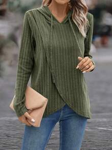 EMERY ROSE Solid Drawstring Wrap Hem Hooded Tee - Army Green - View 5