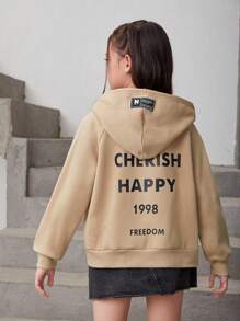 SHEIN Tween Girl Slogan Graphic Raglan Sleeve Hoodie