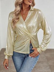 Chiquease Mặt trước xoắn Thả vai Kim loại Áo sơ mi - Màu be - Xem 1