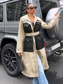 EURMUSE Two Tone Flap Pocket Belted Trench Coat - Beige - View 7