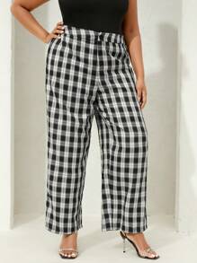 SHEIN SXY 大碼格紋印花闊腿褲 - 黑與白 - 查看 4