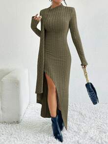 SHEIN Privé Vestido con tiras y cuello de halter con abertura y cinturón para el Día de San Valentín, citas y fiestas - Verde militar - Ver 6