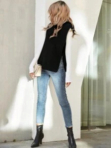 SHEIN LUNE 1 Miếng Áo cao cổ Viền chia cắt Áo ba lỗ - màu đen - Xem 5