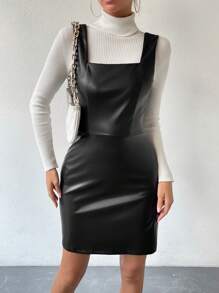 SHEIN Clasi 纯色漆皮连衣裙（不含毛衣） PU 皮革女装 - 黑色 - 查看 5
