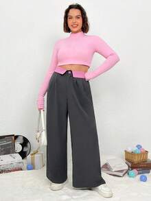 SHEIN EZwear 大碼拼接腰部折疊闊腿西裝褲 - 彩色 - 查看 4