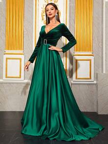 YISIKADO Surplice Neck Belted Formal Dress - Dark Green - View 4