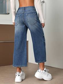 SHEIN ICON Coolmax吊帶寬腿牛仔褲 - 藍色 - 查看 5